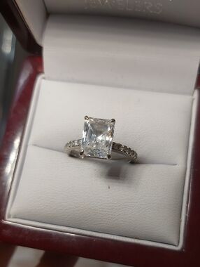 Sterling Silver 925 Emerald Cut CZ Solitaire with Accents Size 5.5